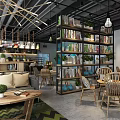 Warm Café Interior Design With Bookshelves Green Plants And Wooden Furniture
