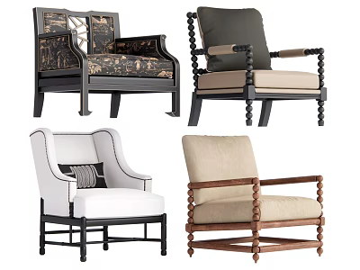Vintage And Modern Accent Chairs With Fabric Upholstery Wooden Armrests And Neutral Colors 3d model