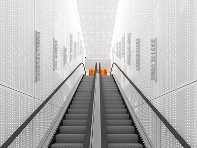 Spacious Exhibition Hall Interior With Central Escalator And Display Panels On Perforated Walls 3d model