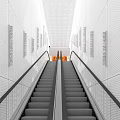 Spacious Exhibition Hall Interior With Central Escalator And Display Panels On Perforated Walls