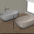 Stylish Freestanding White Bathtub in Bathroom With Wooden Floor and Window Faucet