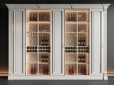 Elegant Modern Wine Cabinet With Glass Doors Illuminated Wine Bottles And Wine Glasses 3d model