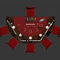 Red Surface Entertainment Table With Black Edge Six Red Chairs And Poker Chips On Top