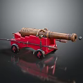 Antique Brass Cannon On Red Wooden Carriage Vintage Military Weapon Artillery Piece