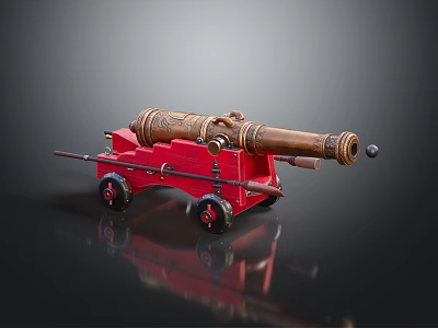 Antique Brass Cannon On Red Wooden Carriage Vintage Military Weapon Artillery Piece 3d model
