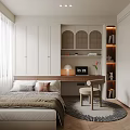 Tatami Bedroom Interior Design With White Cabinets Desk Chair Bookshelf Window Curtains And Rug