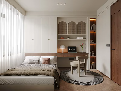 Tatami Bedroom Interior Design With White Cabinets Desk Chair Bookshelf Window Curtains And Rug 3d model