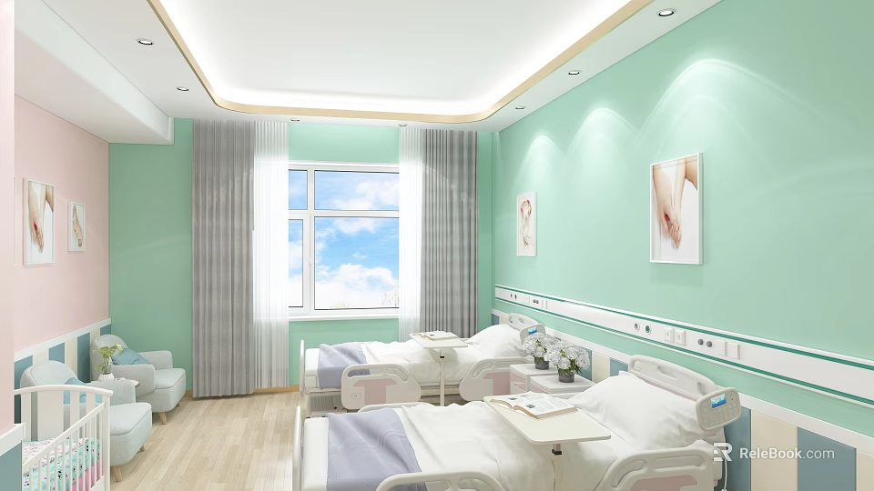 Hospital Ward With Light Green Walls Large Window Gray Curtains Two Beds And Decorative Paintings 3d model 