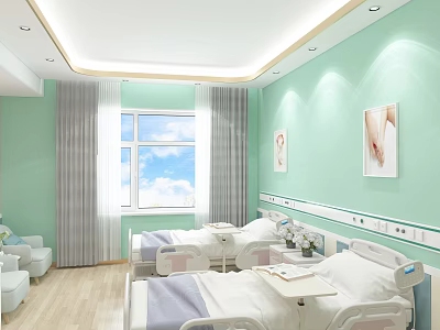 Hospital Ward With Light Green Walls Large Window Gray Curtains Two Beds And Decorative Paintings 3d model