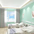 Hospital Ward With Light Green Walls Large Window Gray Curtains Two Beds And Decorative Paintings