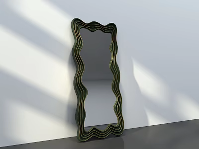 Wavy Frame Mirror With Green And Black Stripes Against White Wall And Gray Floor 3d model
