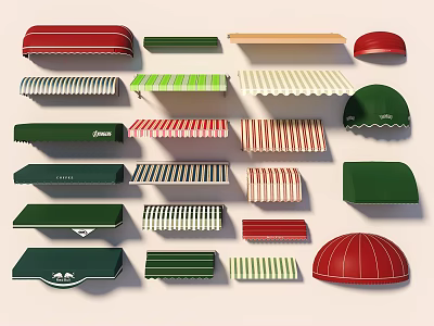 Various Outdoor Awnings In Red Green Beige And Striped Styles With Different Designs 3d model