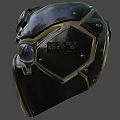 Black Helmet With Gold Accents And Blue Lens Goggles For Futuristic Look