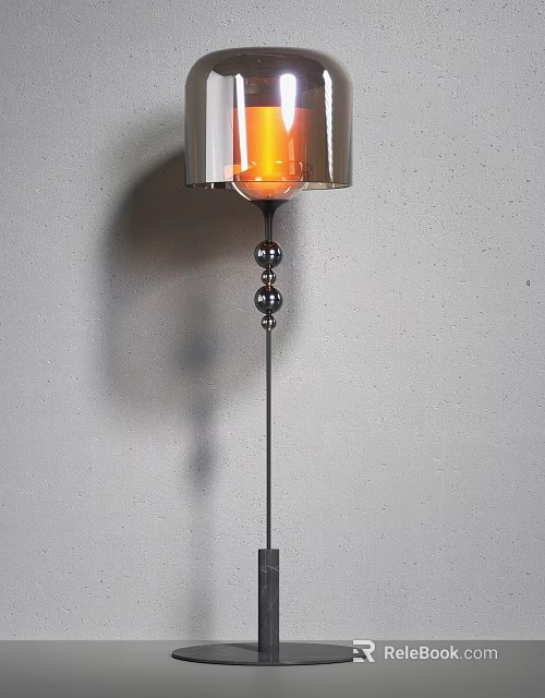Modern Floor Lamp with Glass Shade and Orange Light Black Beaded Stem Against Grey Wall 3d model 