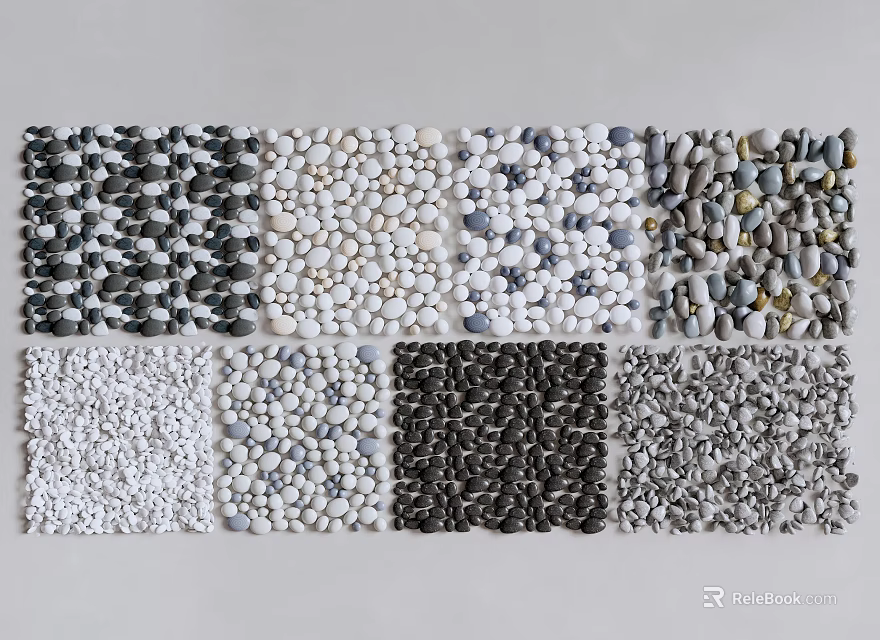 Assorted Natural Stone and Wood Pebble Designs with Various Colors and Textures 3d model 