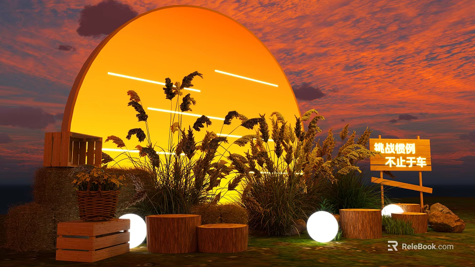 Decorative Ornament Set with Reed Plants Wooden Stools Glowing Spherical Lights and Orange Backdrop 3d model 