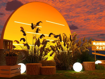 Decorative Ornament Set with Reed Plants Wooden Stools Glowing Spherical Lights and Orange Backdrop 3d model