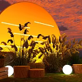 Decorative Ornament Set with Reed Plants Wooden Stools Glowing Spherical Lights and Orange Backdrop