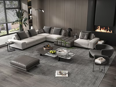 Modern Living Room Sofa Coffee Table Set With Cushions Fireplace Ottoman And Rug 3d model