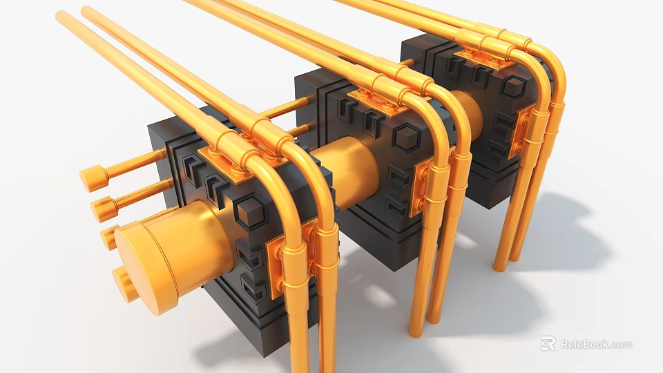Modern Industrial Equipment With Golden Pipes Black Connectors And Cylindrical Structures 3d model 