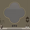 Clover Shaped Bathroom Mirror With Gold Frame Bamboo And Hanging Lantern Light On Beige Wall