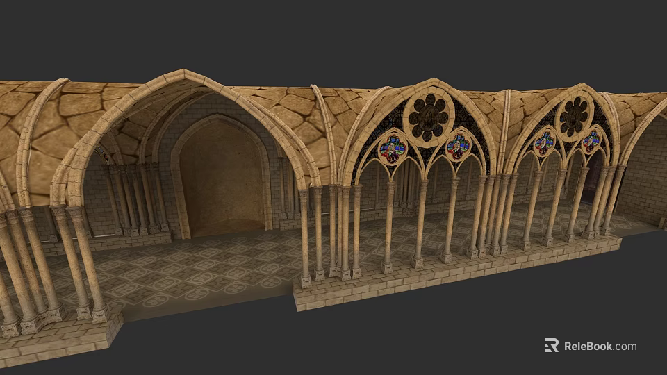 European Architecture With Gothic Arches Stained Glass Windows And Stone Columns 3d model 