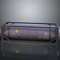 Industrial Cylindrical Tank With Metal Frame And Radioactive Warning Signs