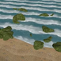 Natural Stone and Wood Elements on Beach with Rolling Waves and Sandy Shore