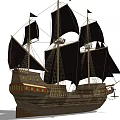 Vintage Sailing Ship With Black Sails Flags Wooden Hull Tall Masts And Decks