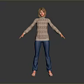 A Woman in Patterned Sweater Blue Pants Brown Shoes with Arms Outstretched Against Gray Background
