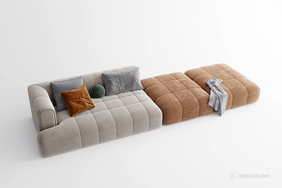 Modern Modular Sectional Sofa in Light Gray and Brown with Accent Pillows and Throw Blanket 3d model
