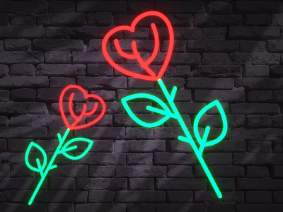 Large And Small Red And Green Rose Shaped Neon Decorative Lights On Brick Wall 3d model