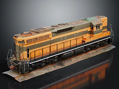 Vintage Yellow And Green Train Model On Display Base With Dark Background 3d model