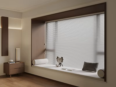 Cozy Modern Window Seat With Venetian Blinds Wooden Frame Pillow Stuffed Toy And Side Table 3d model