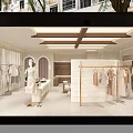 Modern Minimalist Wood Accent Clothing Store Interior With Comfortable Lounge Area And Garment Display Racks
