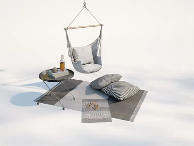 Cozy Hanging Chair With Round Table Gray Striped Cushions And Light Rug Setup 3d model Cozy Hanging Chair With Round Table Gray Striped Cushions And Light Rug Setup 3d model