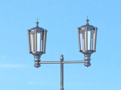 Two Stylish Outdoor Lights Mounted On Metal Pole Against Blue Sky 3d model