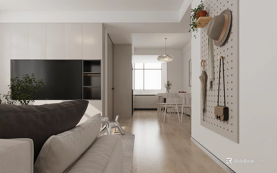 Modern Open Living Dining Room Interior With Light Sofa Dining Table And Wall Decor 3d model