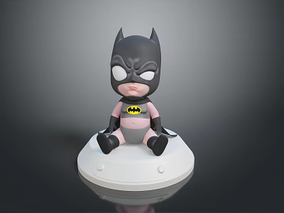 Cute Baby Batman Toy Figure Sitting On White Base With Pink Outfit And Logo 3d model