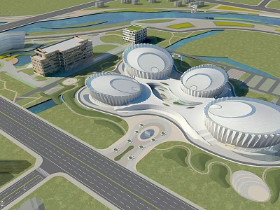 Aerial View Planning of Large Modern Circular Architectural Complex with Green Spaces River and Roads 3d model