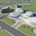 Aerial View Planning of Large Modern Circular Architectural Complex with Green Spaces River and Roads