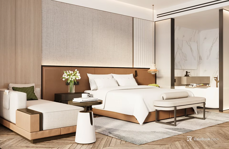 Hotel Guest Room Modern Interior With King Bed Wooden Headboard And Decorative Flowers 3d model 