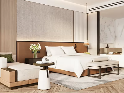 Hotel Guest Room Modern Interior With King Bed Wooden Headboard And Decorative Flowers 3d model