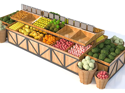 Wooden Fruit Display Shelves with Fresh Assorted Fruits in Sections and Baskets 3d model