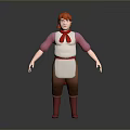 3D Character Model With Red Hair Pink Shirt White Apron Brown Pants And Red Boots