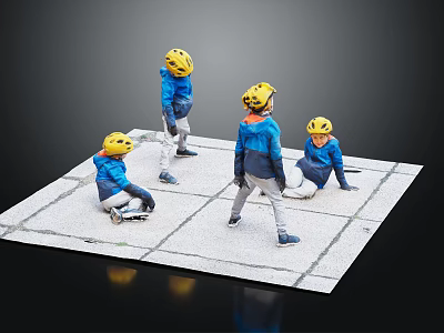 Children Wearing Yellow Helmets And Blue Jackets Playing On White Mat 3d model