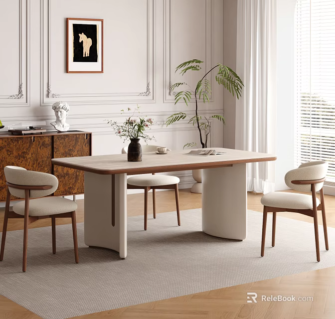 Elegant Modern Dining Table Set With Wooden Top White Legs Chairs And Green Plant 3d model 