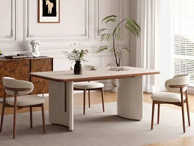 Elegant Modern Dining Table Set With Wooden Top White Legs Chairs And Green Plant 3d model