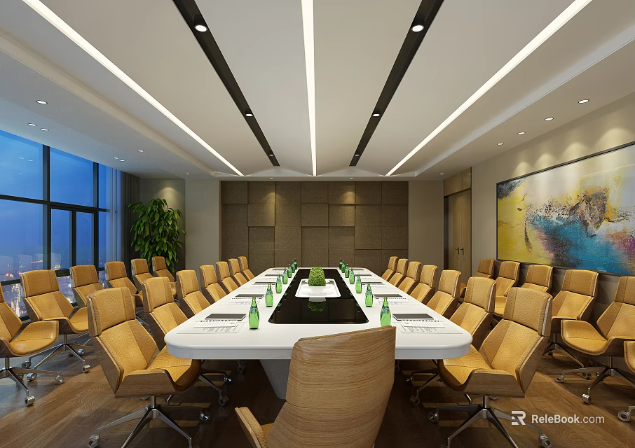 Modern Conference Room Interior With Long Table Yellow Chairs Large Windows Green Plant And Wall Art 3d model 