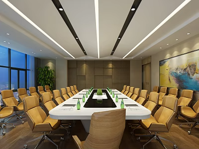 Modern Conference Room Interior With Long Table Yellow Chairs Large Windows Green Plant And Wall Art 3d model